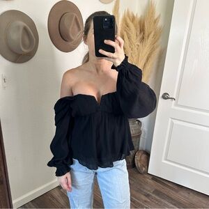 Off The Shoulder Black V Neck Babydoll Blouse Size XS